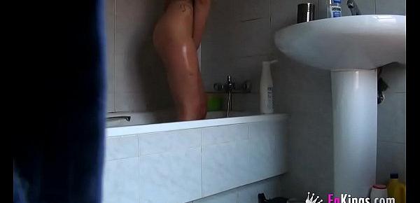  Spying sister fingering in the shower and drilling herself with her rubber dick